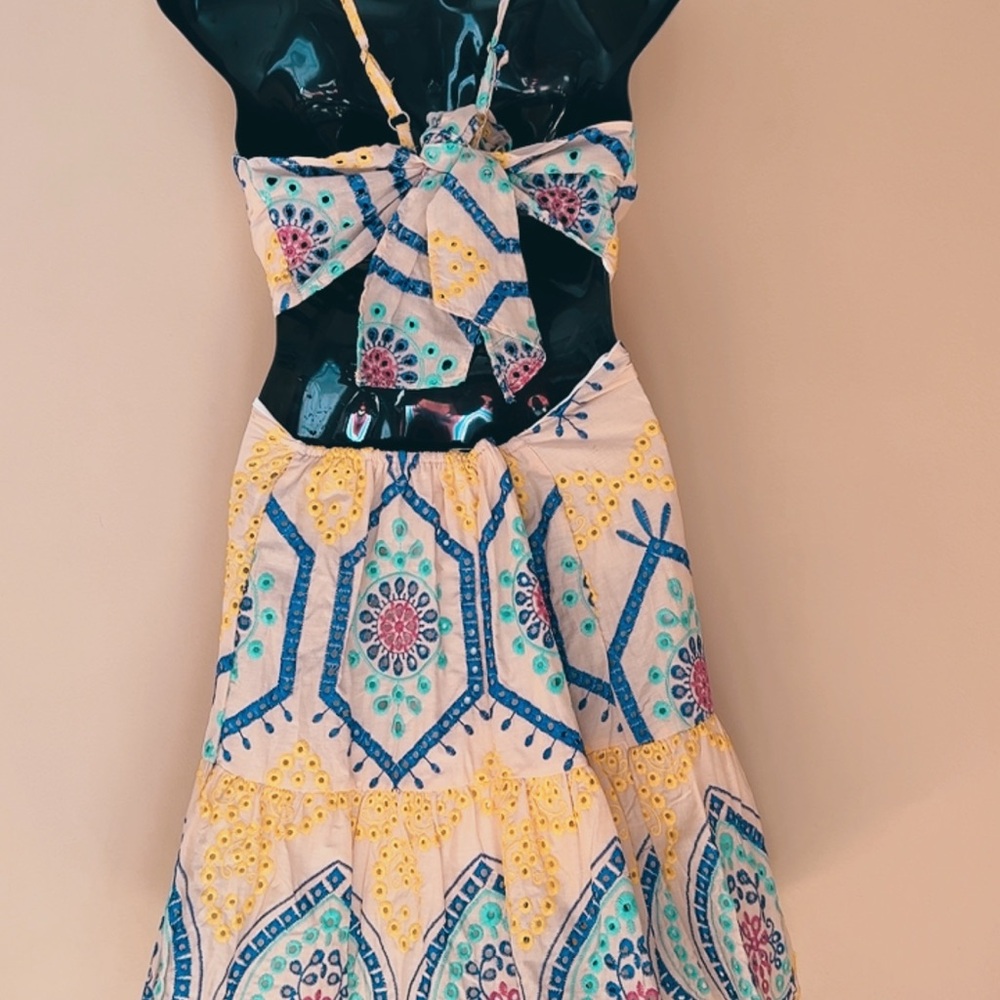 Girls White Embroidered Sun Dress with Blue & Yellow Accents